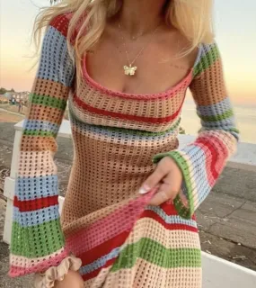 Rainbow Semi Sheer Weave Knitted Crochet Maxi Dress