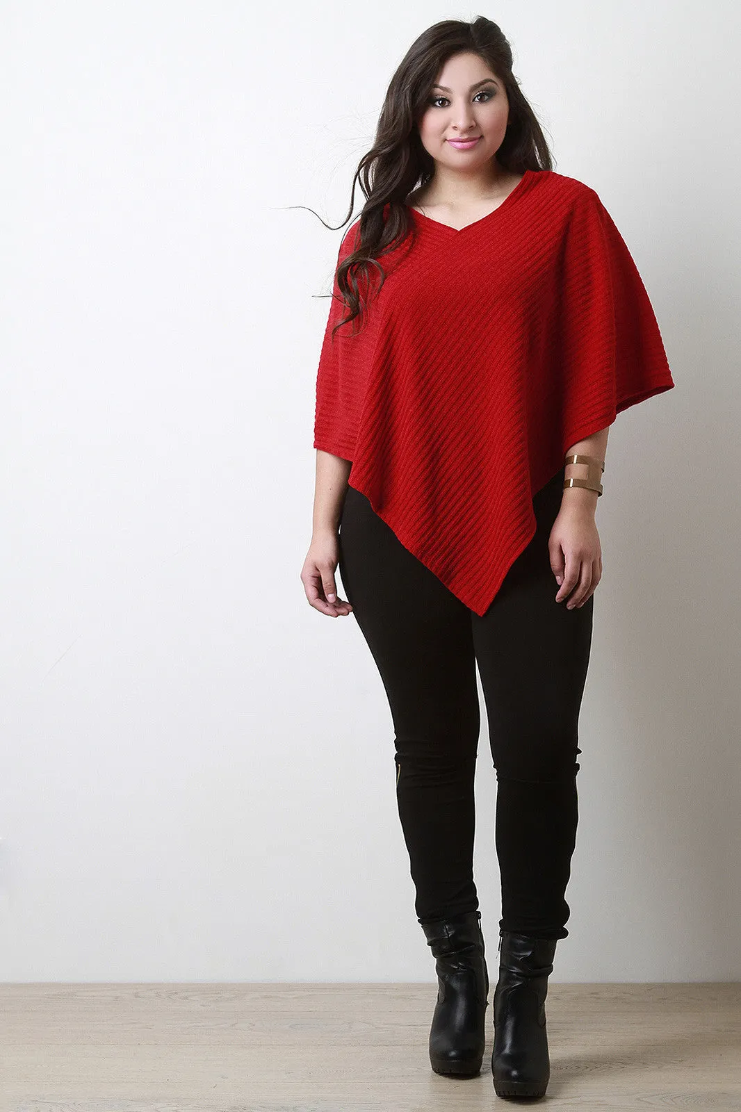 Ribbed Knit Pointed Poncho