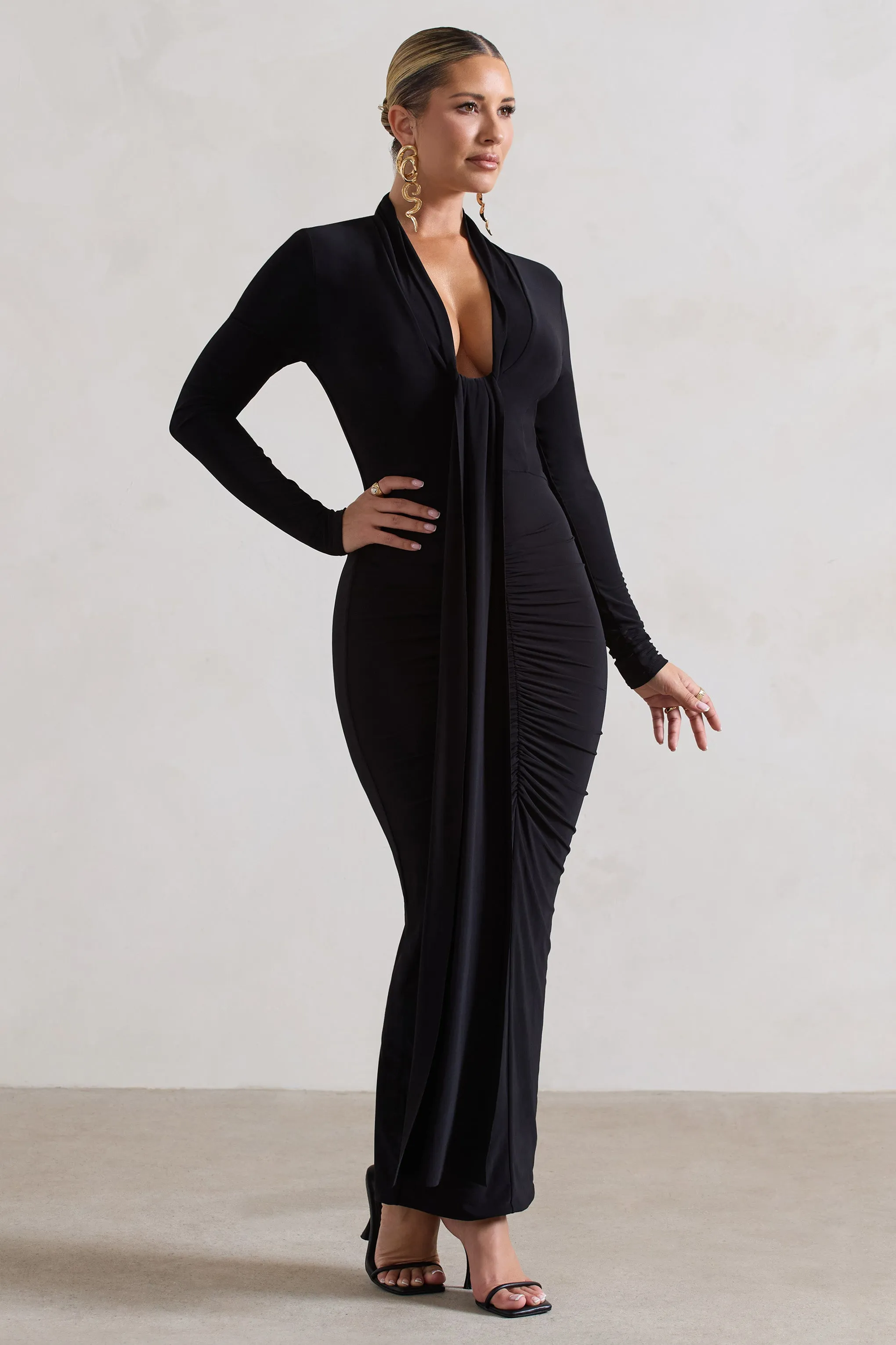 Risha | Black Plunge-Neck Long-Sleeve Drape Maxi Dress