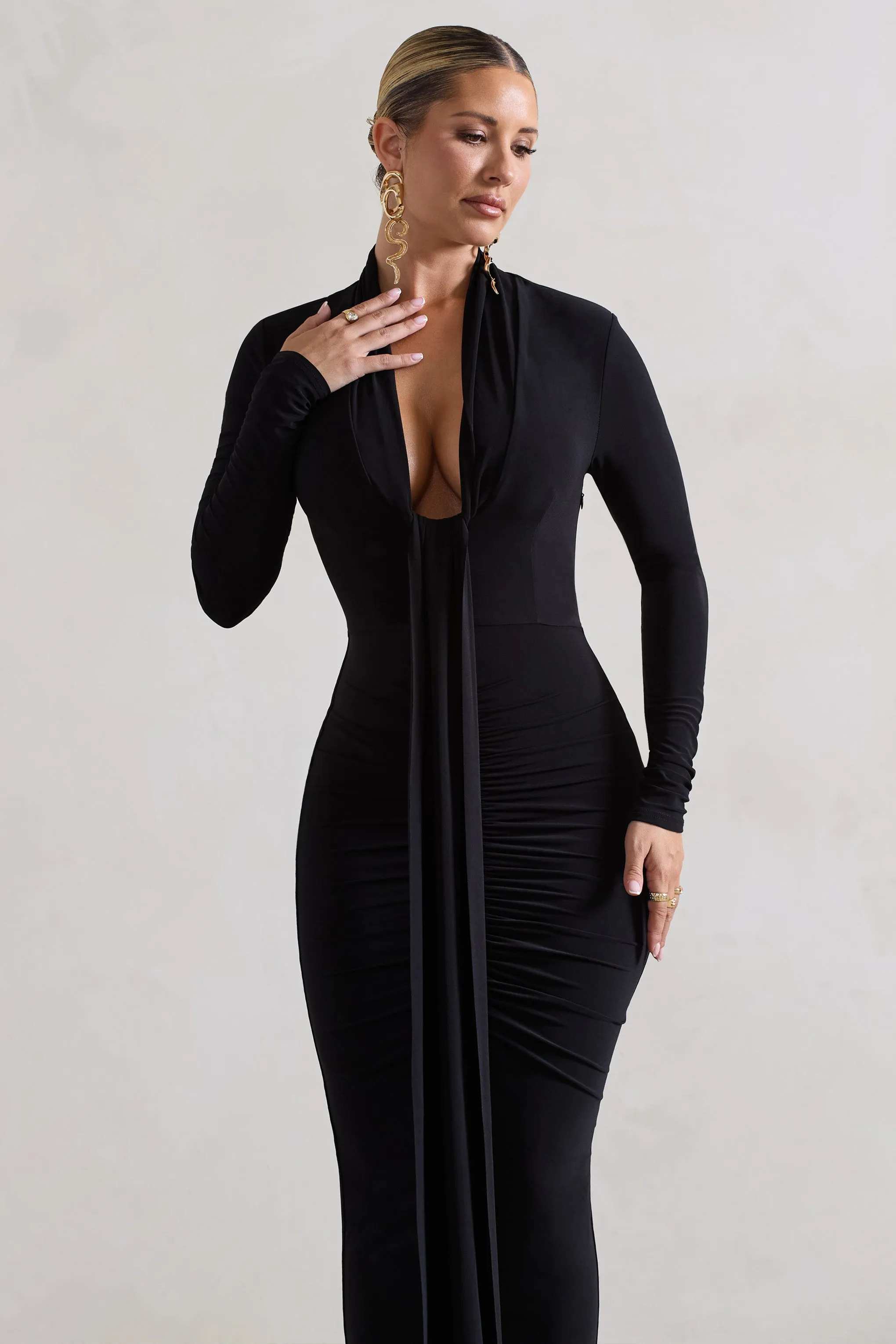 Risha | Black Plunge-Neck Long-Sleeve Drape Maxi Dress