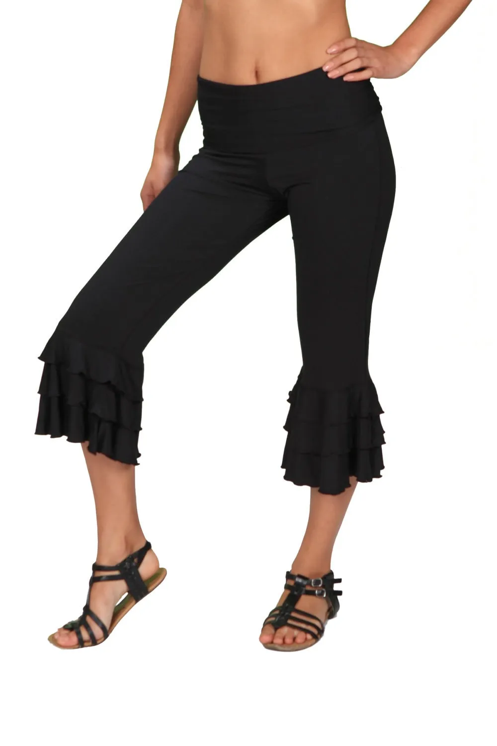 Ruffle Pants Bloomer Capri Yoga Pants in Black