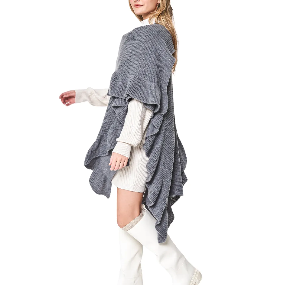 Ruffle Sleeve Knit Shawl - Grey