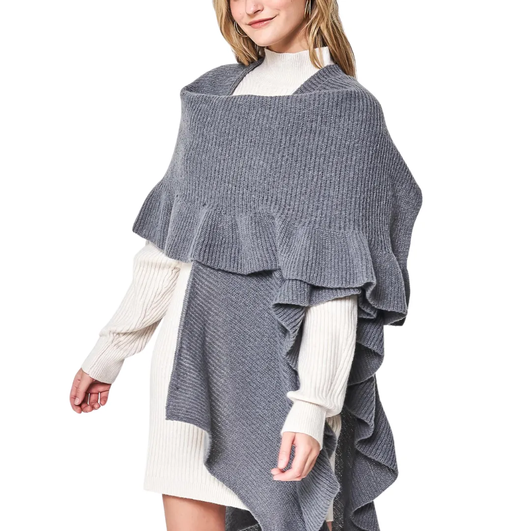 Ruffle Sleeve Knit Shawl - Grey