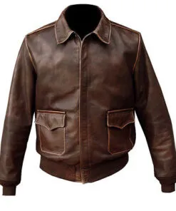 RW Authentic Sheepskin Distressed Brown Bomber Genuine Leather Jacket