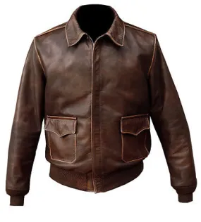 RW Authentic Sheepskin Distressed Brown Bomber Genuine Leather Jacket