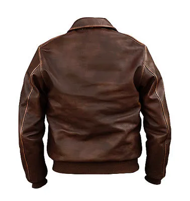 RW Authentic Sheepskin Distressed Brown Bomber Genuine Leather Jacket