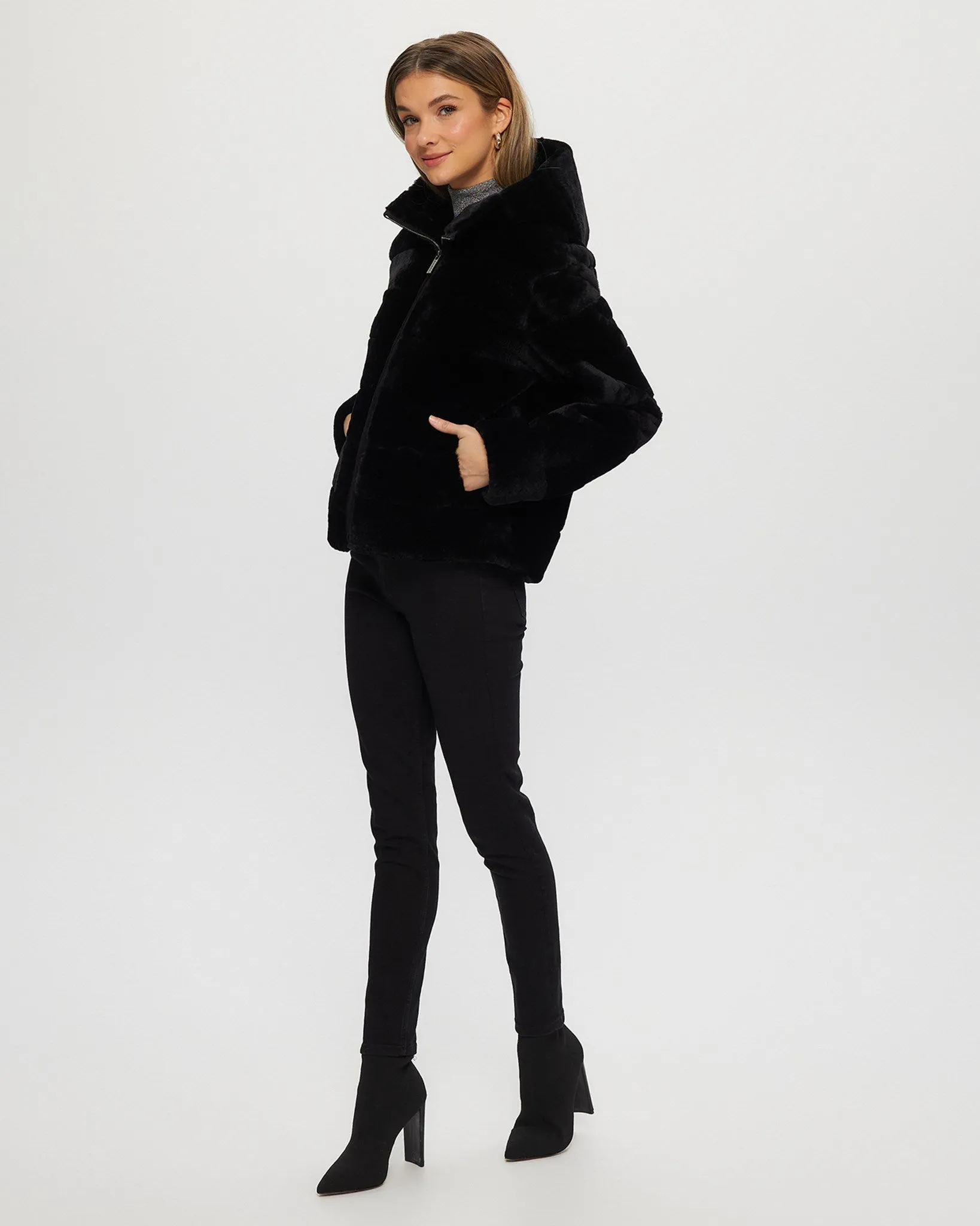 Select Shearling Lamb Zip Jacket with Hood