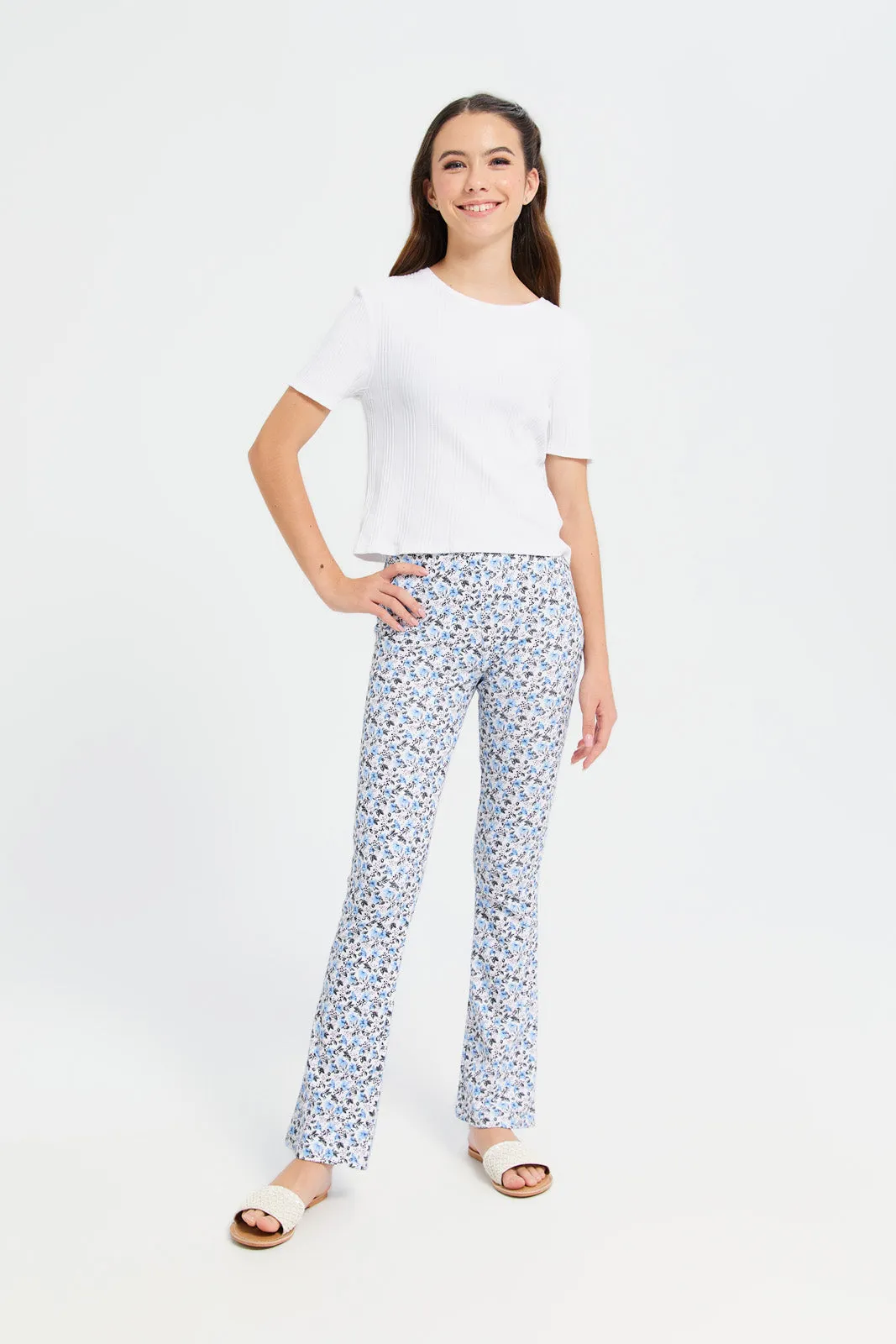 Senior Girls White And Blue Floral Print Flared Leggings