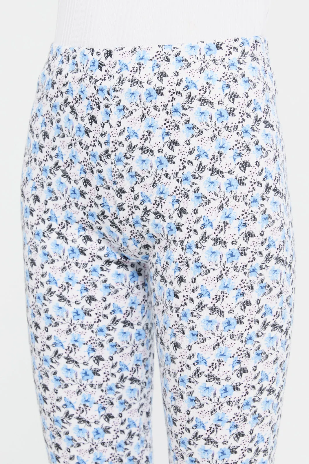 Senior Girls White And Blue Floral Print Flared Leggings