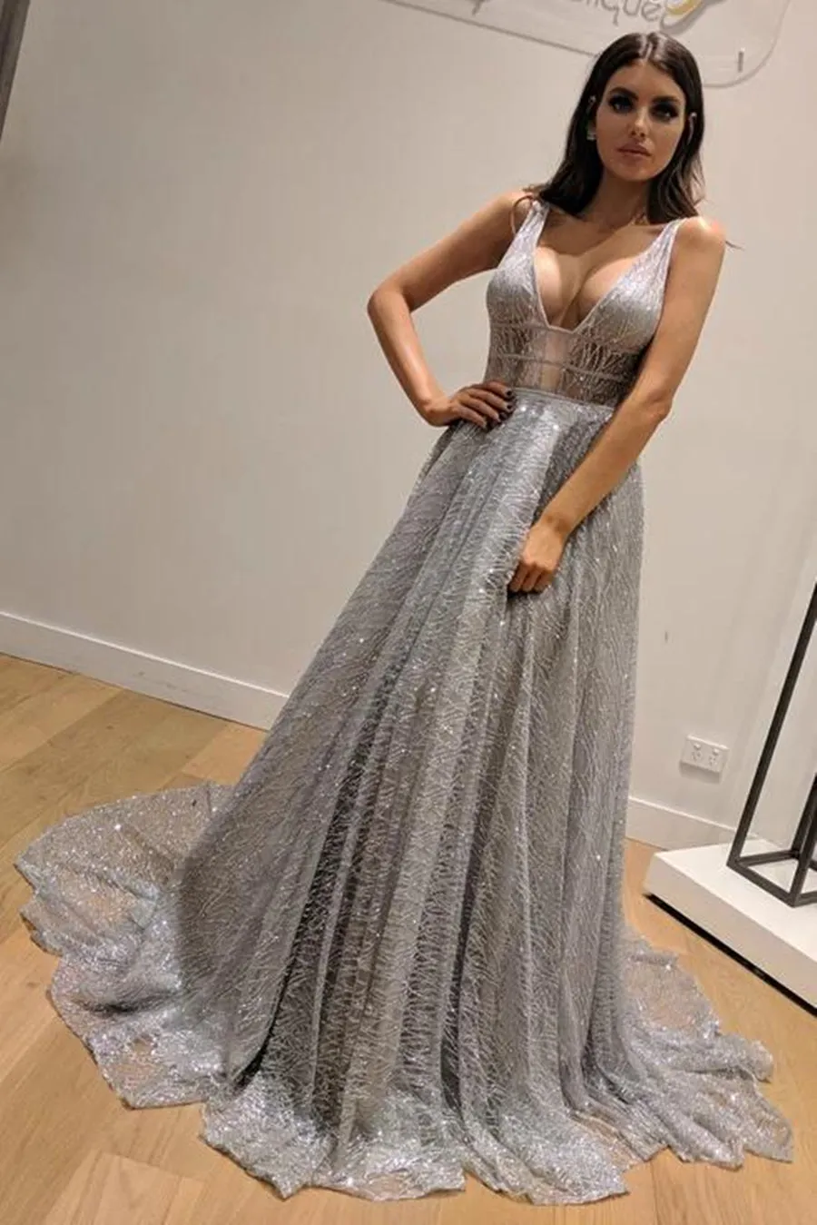 Shiny V Neck Backless Silver Grey Long Prom, Backless Silver Grey Formal Graduation Evening