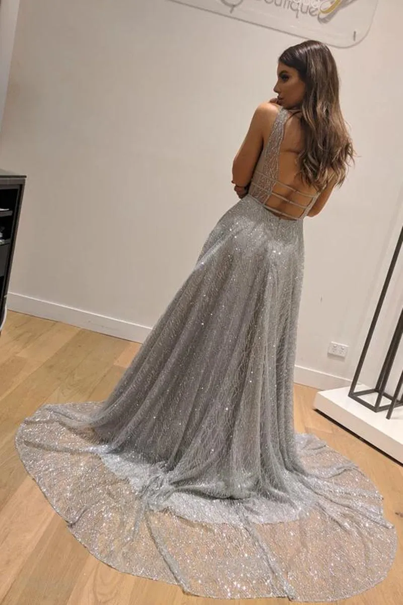 Shiny V Neck Backless Silver Grey Long Prom, Backless Silver Grey Formal Graduation Evening