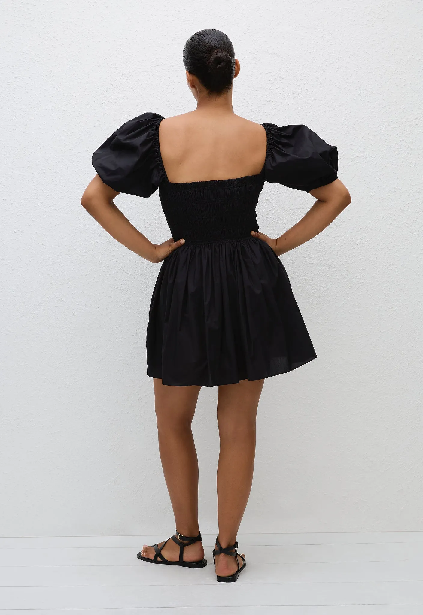 Shirred Peasant Mini Dress - Black