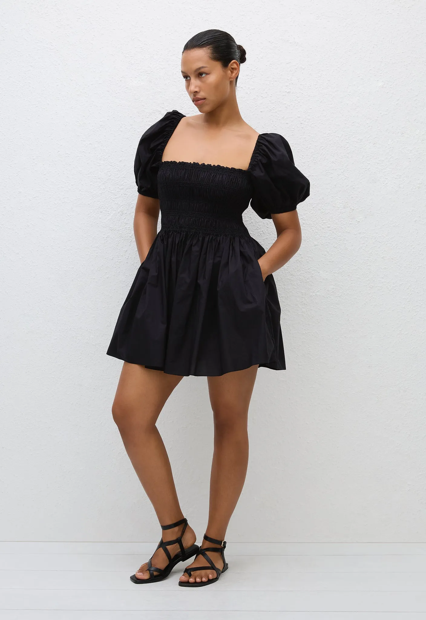 Shirred Peasant Mini Dress - Black