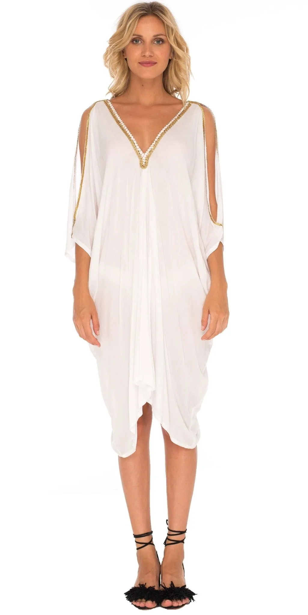 SHU-SHI Women's Kaftan Cover-Up Short Dress with Cold Shoulder & Gold Beads, V-Neck