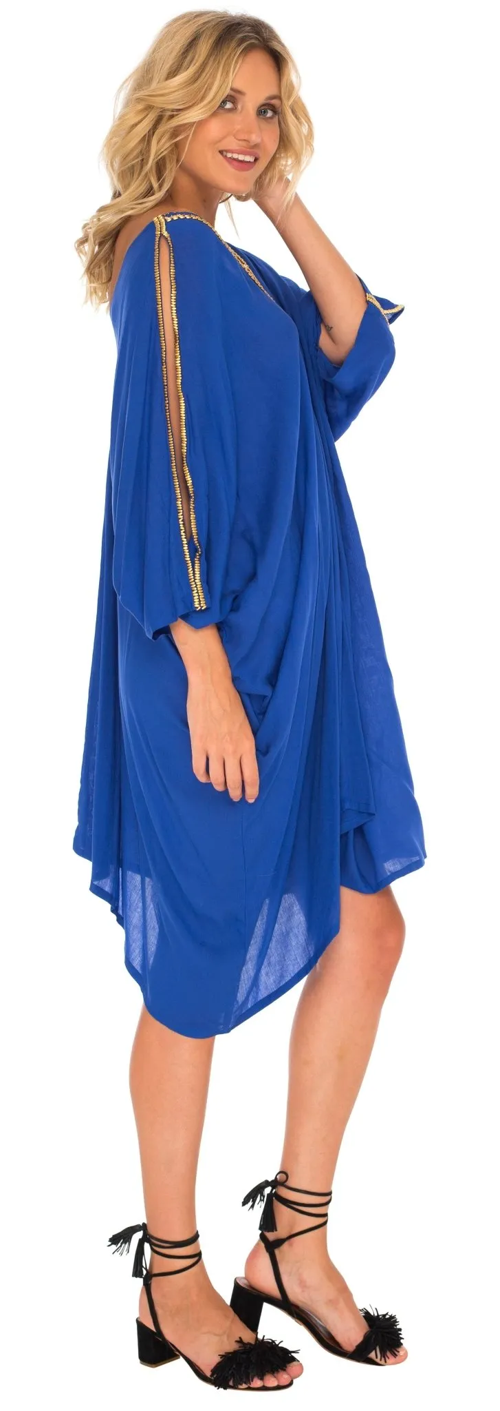 SHU-SHI Women's Kaftan Cover-Up Short Dress with Cold Shoulder & Gold Beads, V-Neck