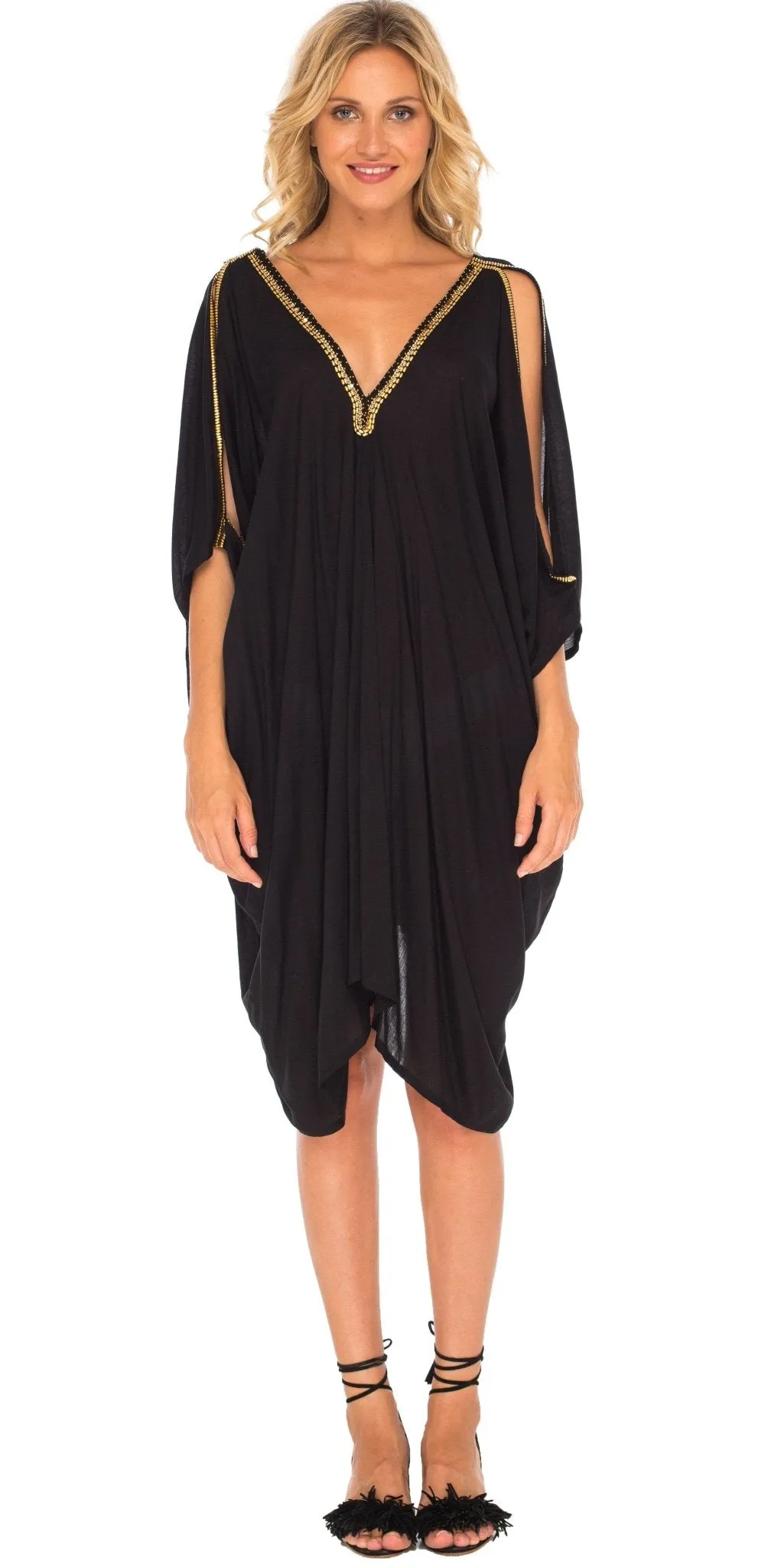 SHU-SHI Women's Kaftan Cover-Up Short Dress with Cold Shoulder & Gold Beads, V-Neck