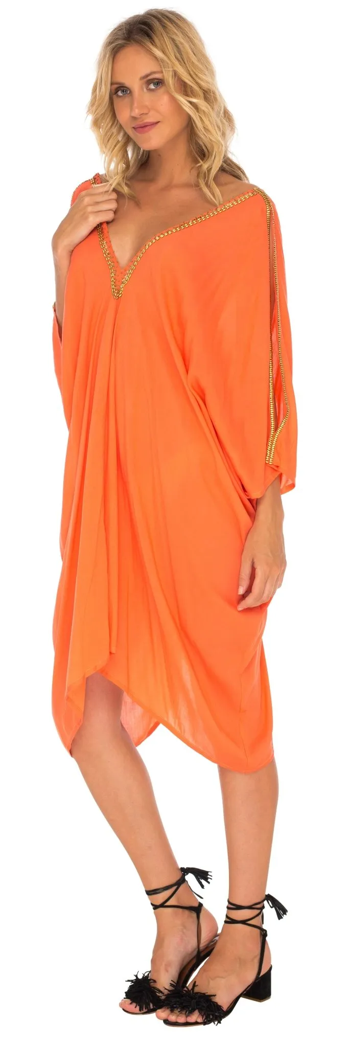 SHU-SHI Women's Kaftan Cover-Up Short Dress with Cold Shoulder & Gold Beads, V-Neck