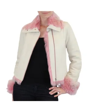 SMALL/MEDIUM PINK & WHITE SHEARLING FUR SHEEPSKIN LEATHER MOTORCYCLE JACKET