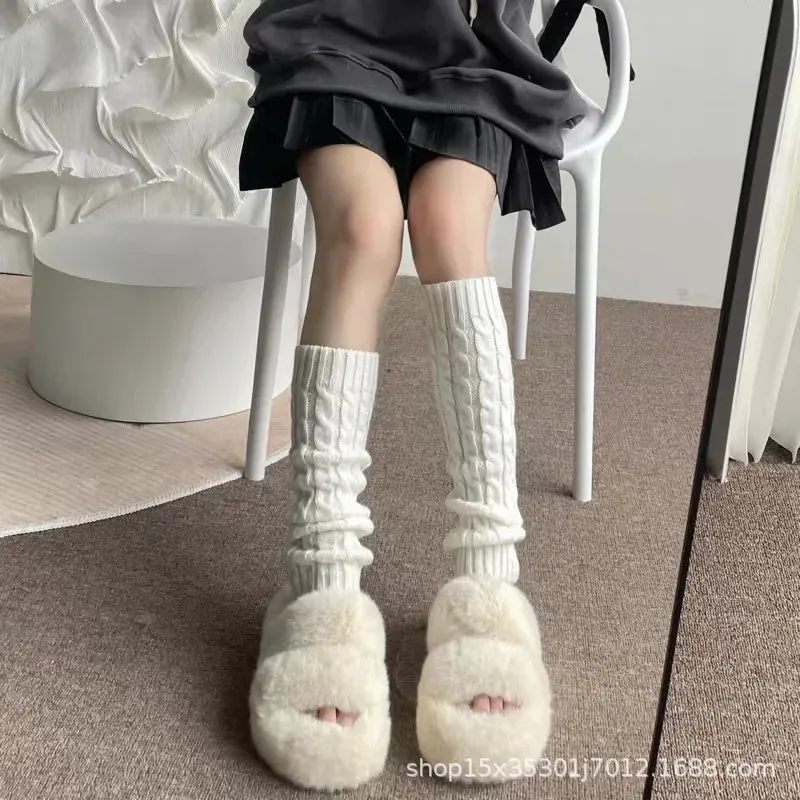 Sohiwoo Autumn and Winter Knitted Leg Warmers Bowknot Thick Keep Warm New White Leg Warmers Woman