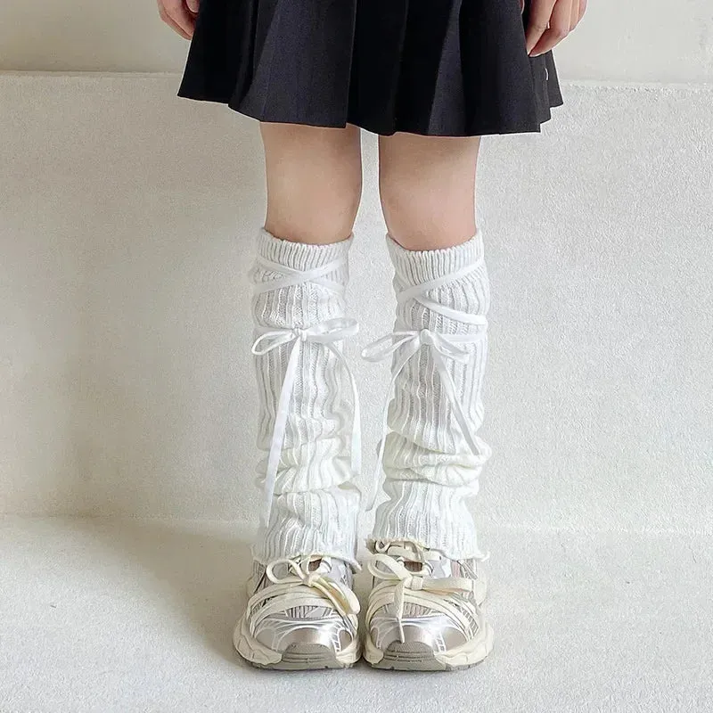 Sohiwoo Autumn Winter Children Leg Warmers Lolita Lace Bowknot Knitted Socks Baby Girls Warm Foot Cover Cute Sweet Socks Long Stockings