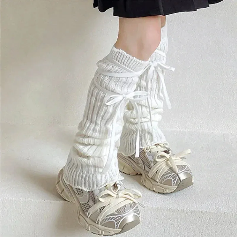 Sohiwoo Autumn Winter Children Leg Warmers Lolita Lace Bowknot Knitted Socks Baby Girls Warm Foot Cover Cute Sweet Socks Long Stockings