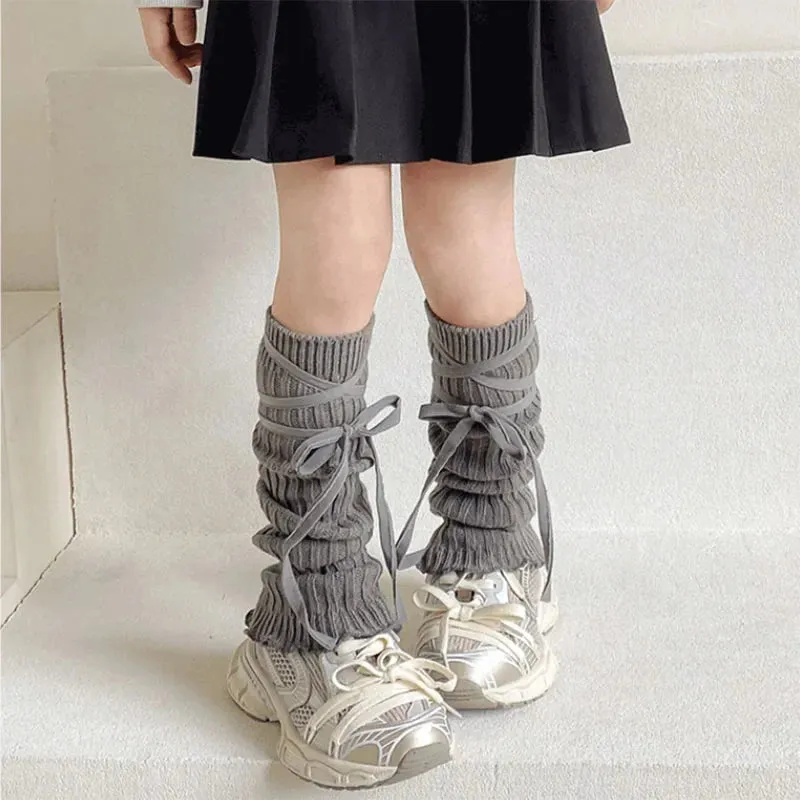 Sohiwoo Autumn Winter Children Leg Warmers Lolita Lace Bowknot Knitted Socks Baby Girls Warm Foot Cover Cute Sweet Socks Long Stockings