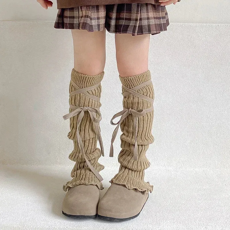 Sohiwoo Autumn Winter Children Leg Warmers Lolita Lace Bowknot Knitted Socks Baby Girls Warm Foot Cover Cute Sweet Socks Long Stockings