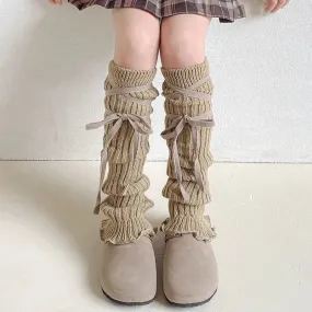 Sohiwoo Autumn Winter Children Leg Warmers Lolita Lace Bowknot Knitted Socks Baby Girls Warm Foot Cover Cute Sweet Socks Long Stockings