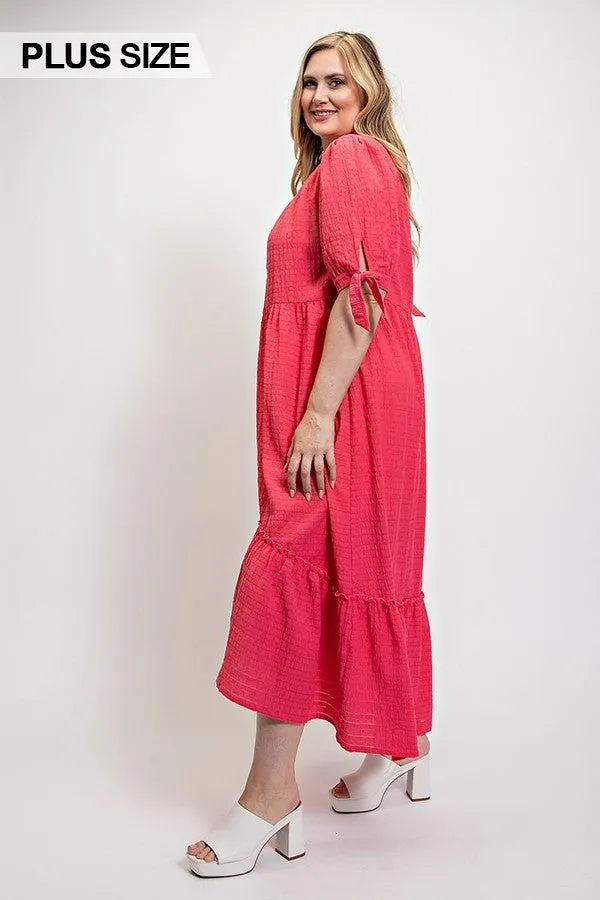 Solid Textured Button Down And Hi - Low Hem Maxi Dress With Tie Sleeve And Slip Dress