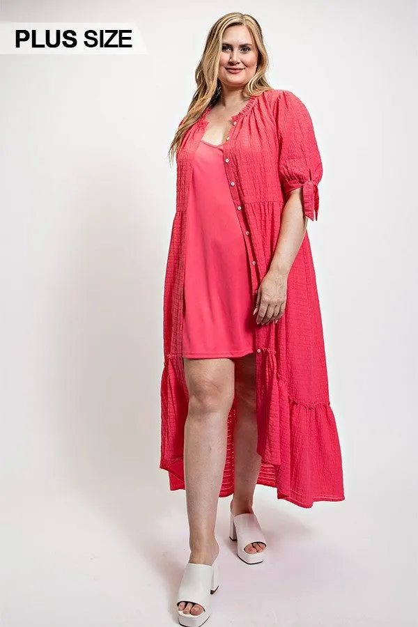 Solid Textured Button Down And Hi - Low Hem Maxi Dress With Tie Sleeve And Slip Dress