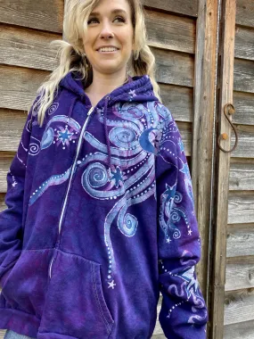 Stars and Moonbeams In Purple Passion - Organic Cotton Zip Up Batik Hoodie - in 2X