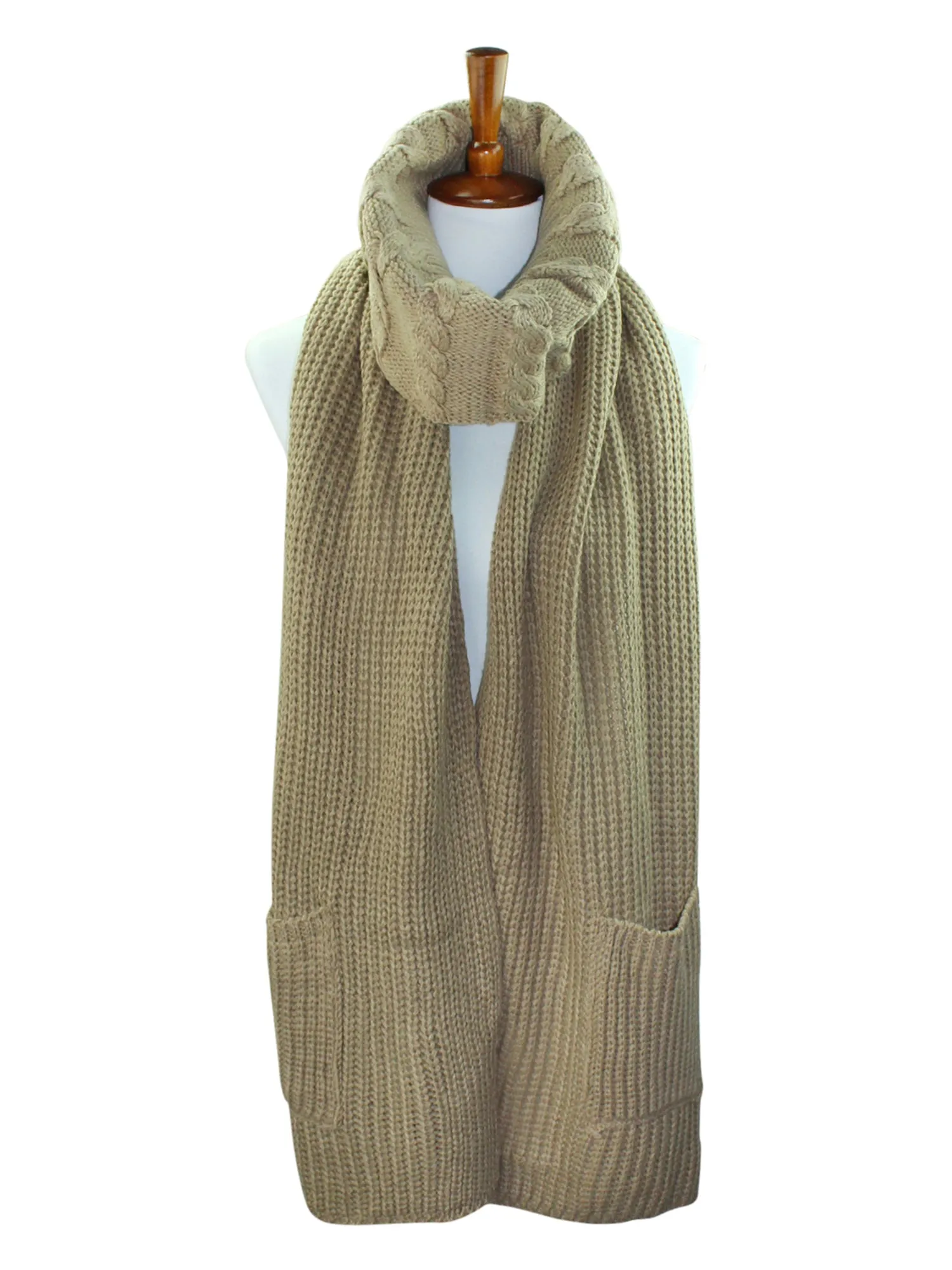 Taupe Knit Cowl Neck Wrap Scarf With Pockets