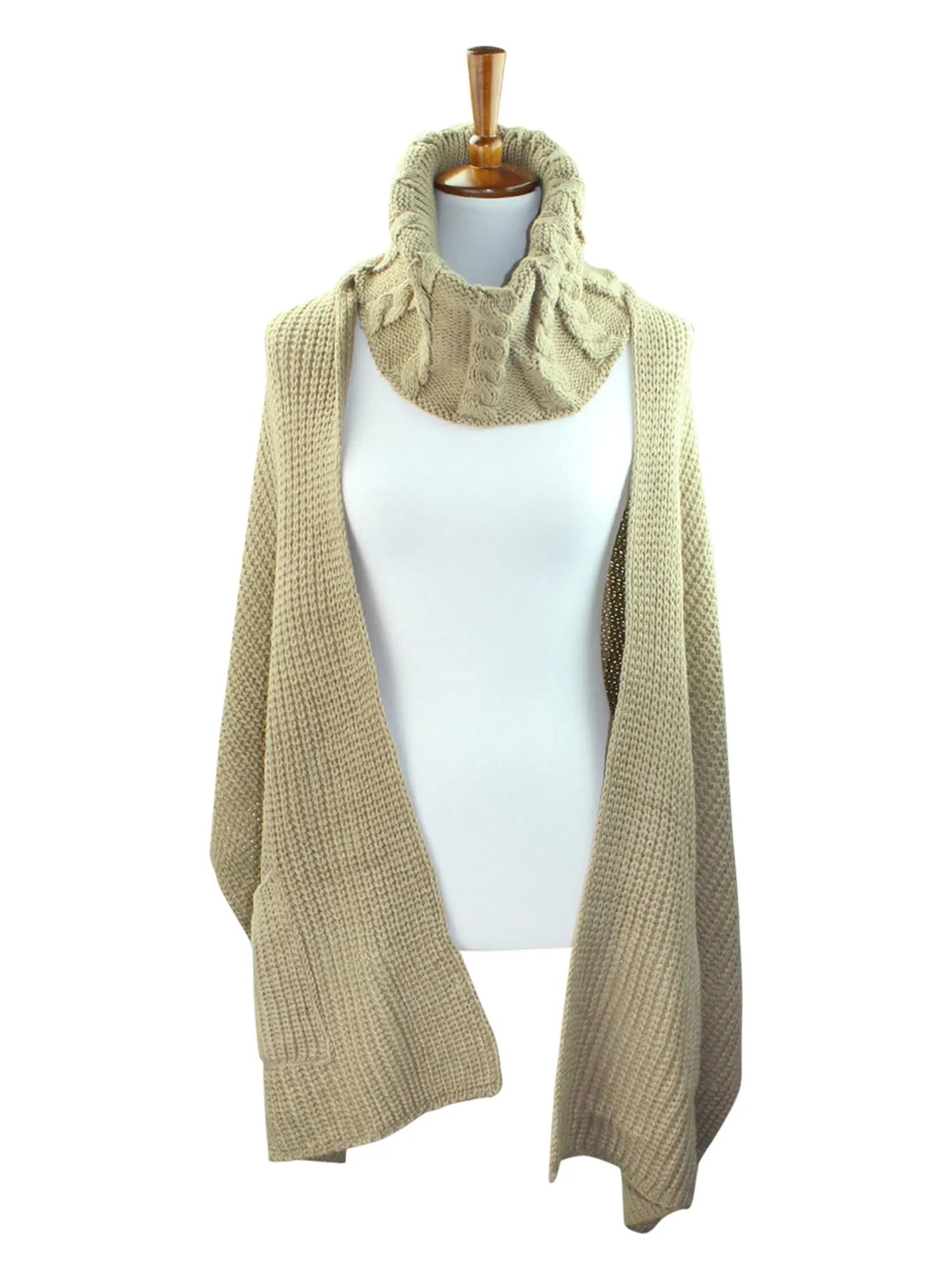 Taupe Knit Cowl Neck Wrap Scarf With Pockets