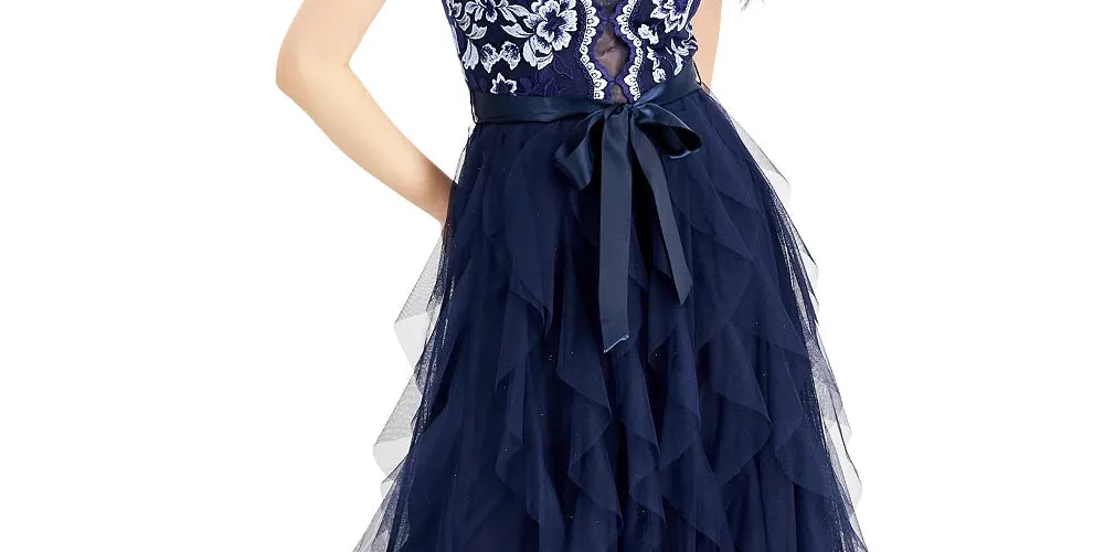 Teeze Me Women's Navy Ruffled Textured Floral Sleeveless Halter Full-Length Layered Formal Dress  Navy Size 5