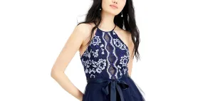 Teeze Me Women's Navy Ruffled Textured Floral Sleeveless Halter Full-Length Layered Formal Dress  Navy Size 5