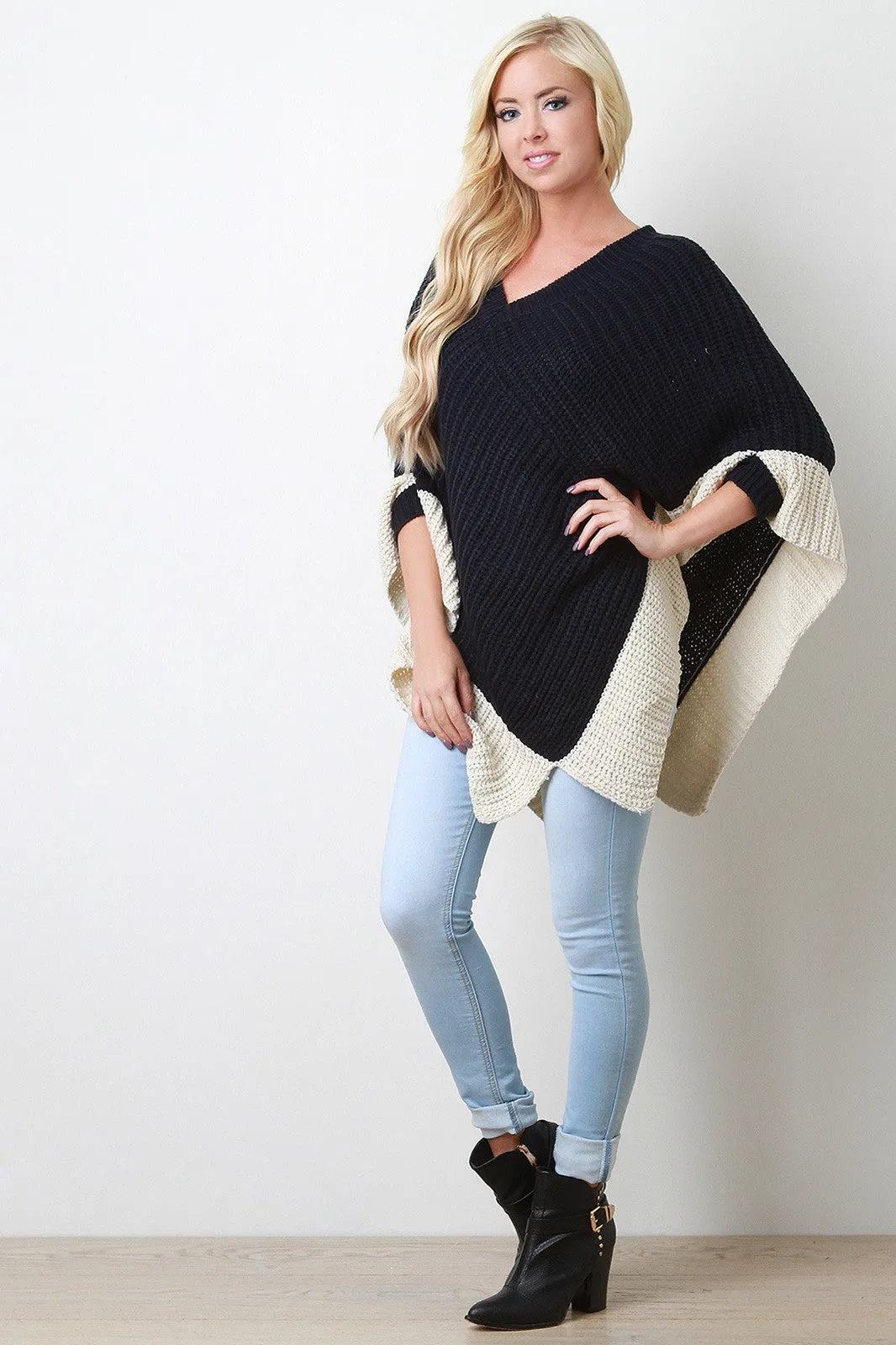 Two-Tone Thick Knit Poncho