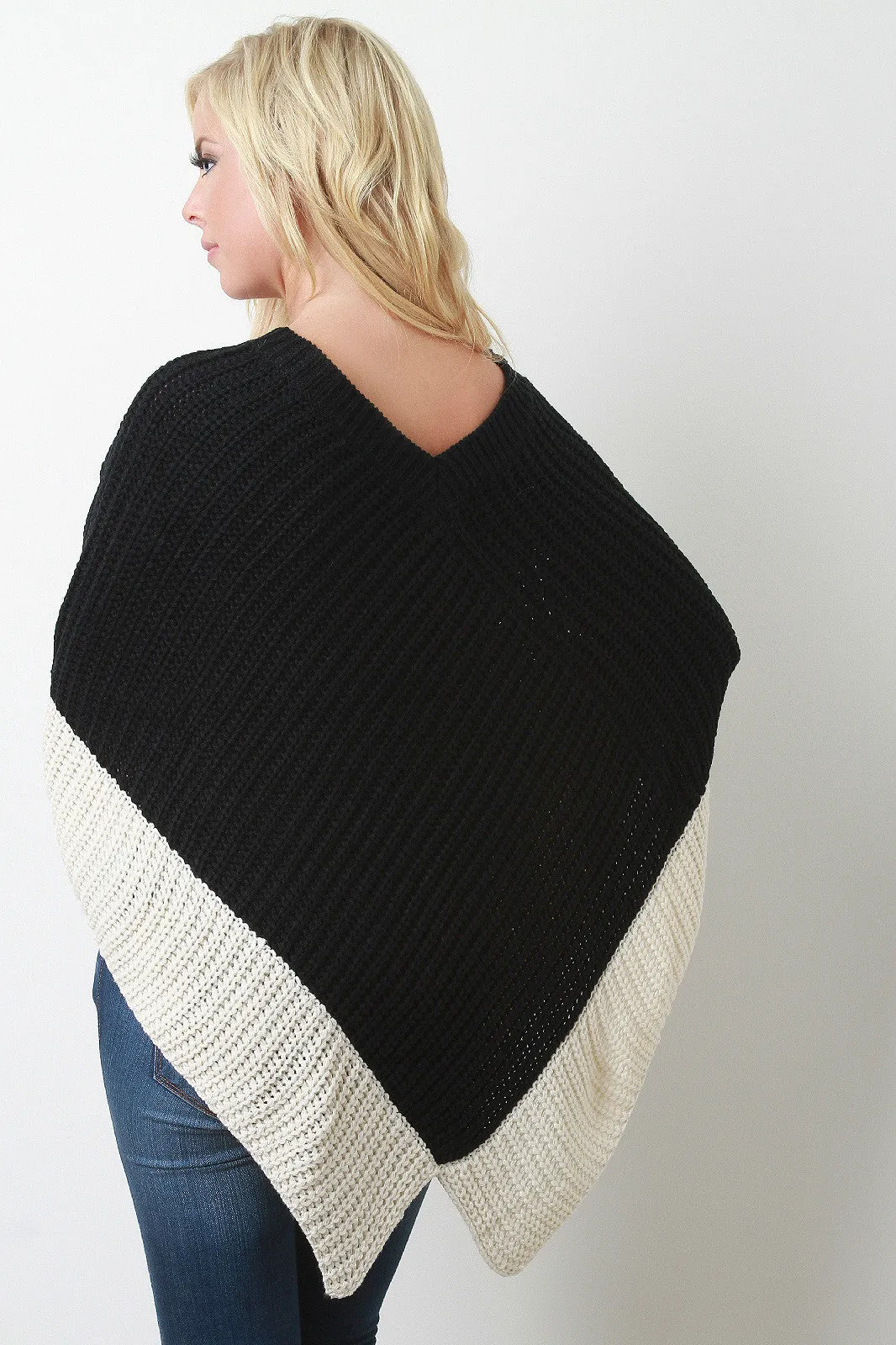 Two-Tone Thick Knit Poncho