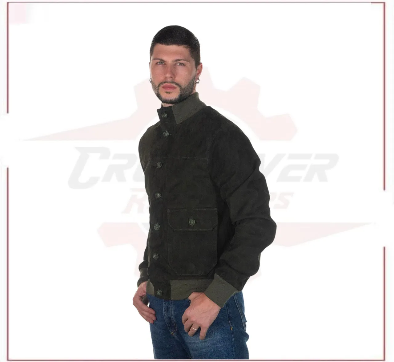 U03 Bis - Men's Bomber Jacket in Genuine Green Suede Leather