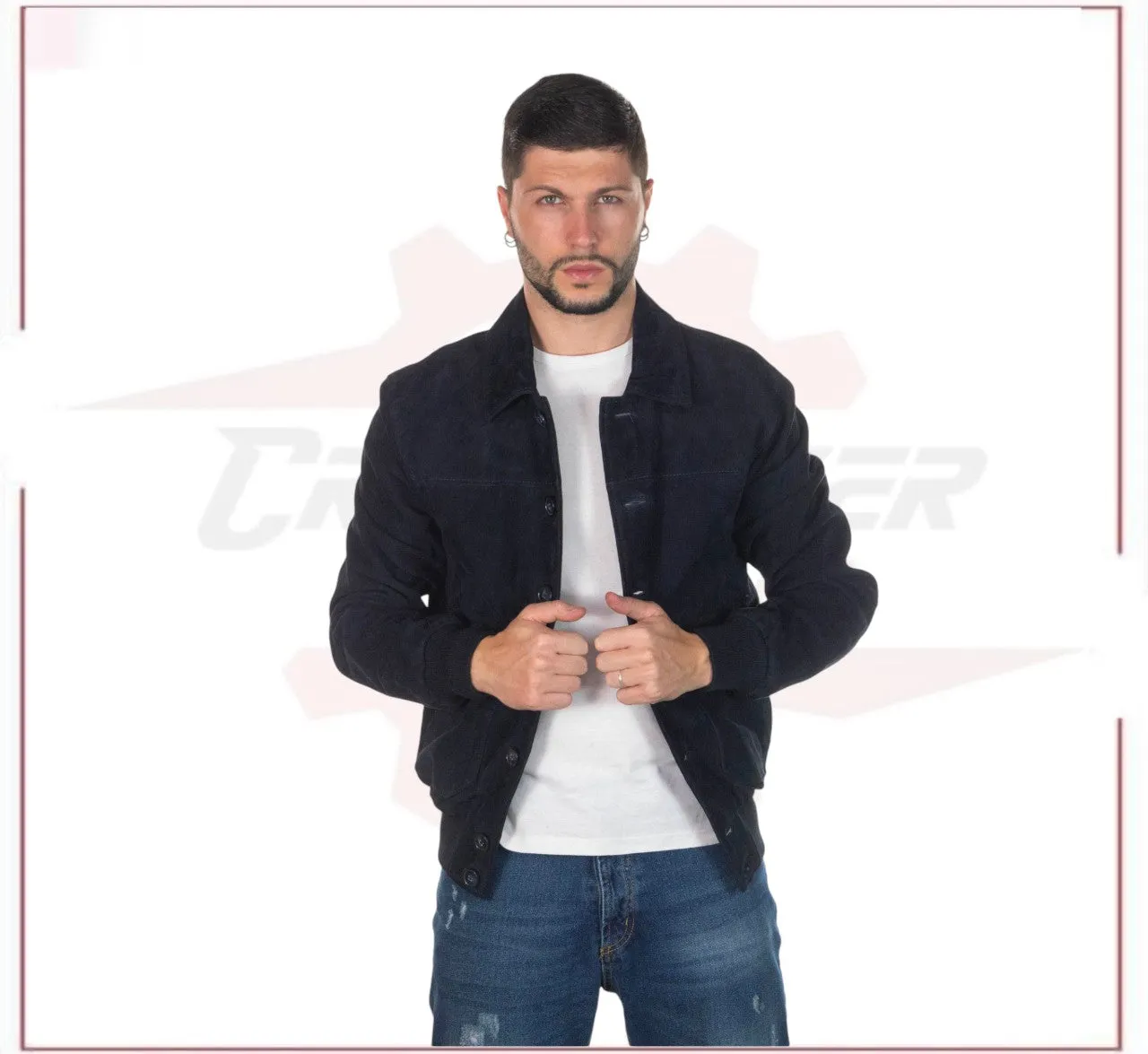 U03 - Men's Bomber Jacket in Genuine Blue Suede Leather