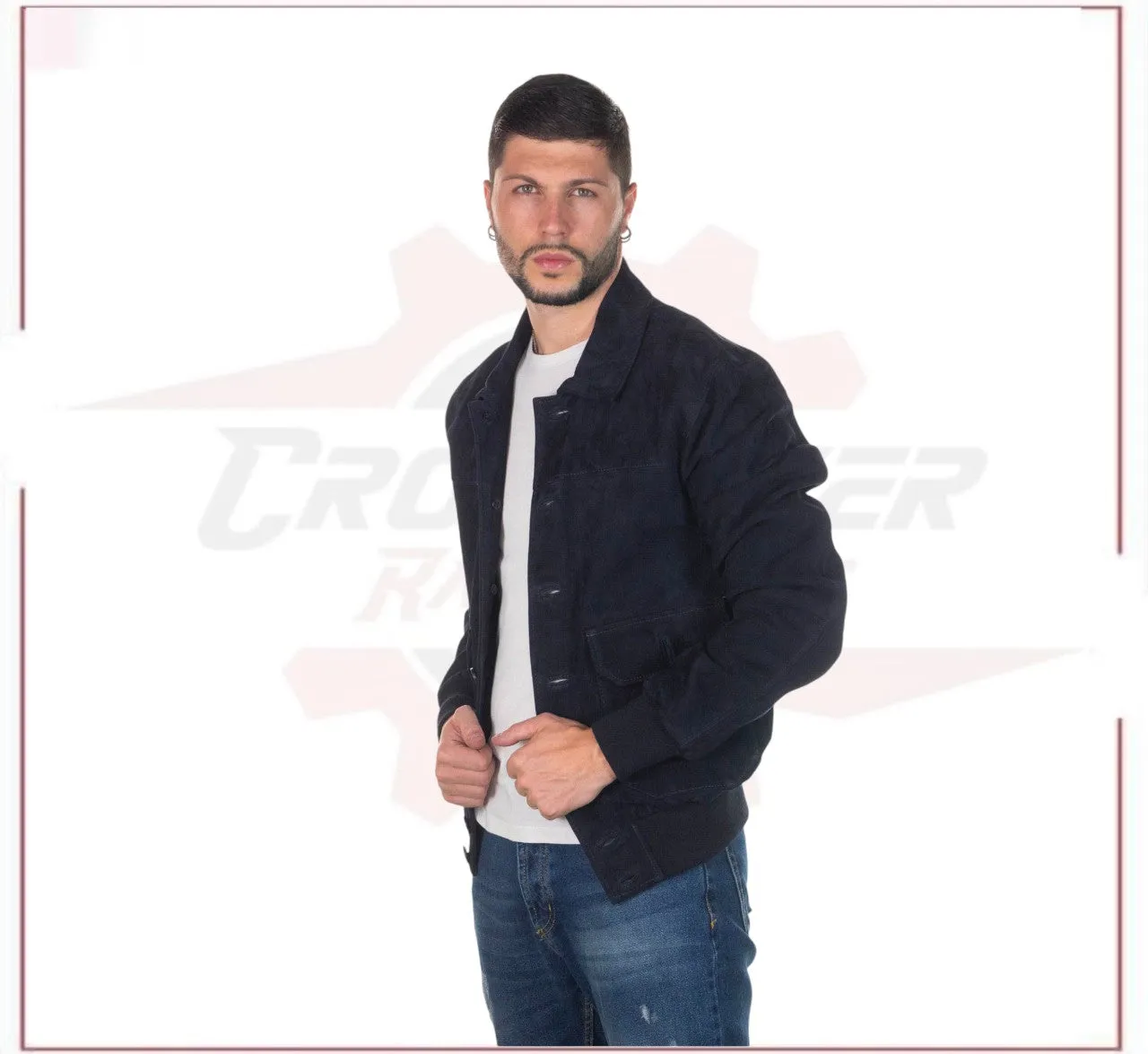 U03 - Men's Bomber Jacket in Genuine Blue Suede Leather