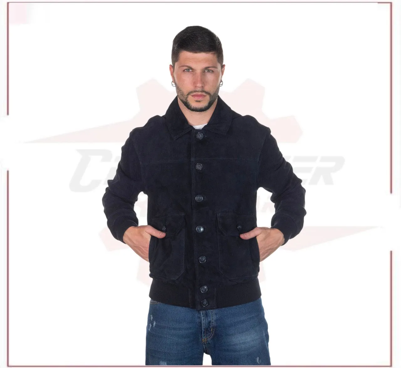 U03 - Men's Bomber Jacket in Genuine Blue Suede Leather