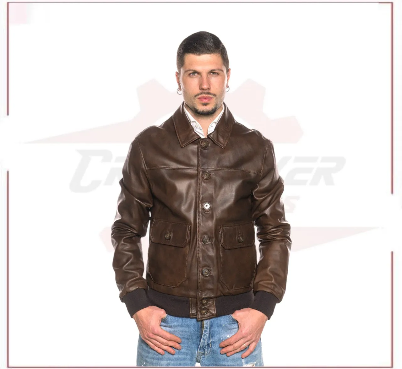 U03 - Men's Bomber Jacket in Genuine Dark Brown Leather