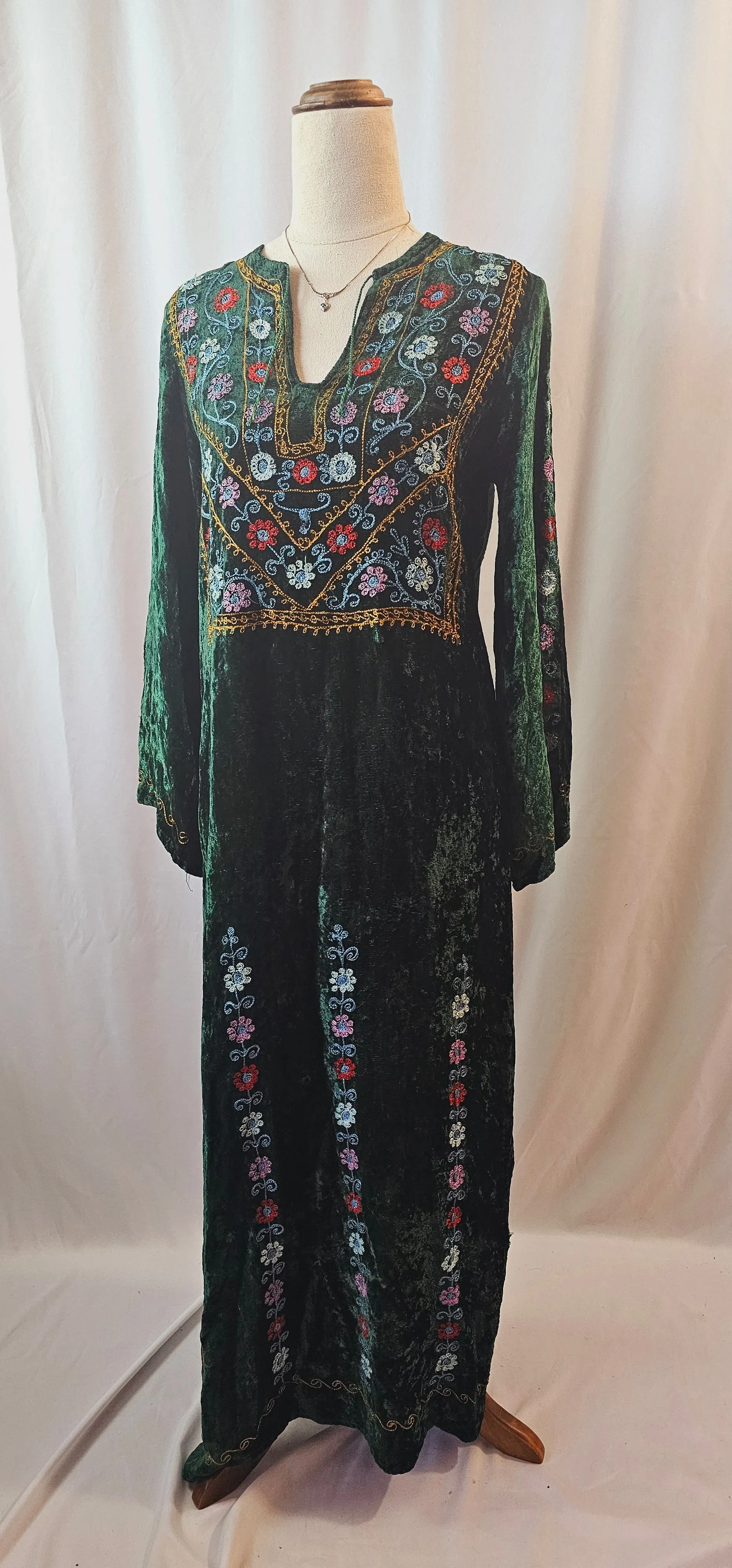 Vintage 70s Crushed Velvet Embroidered Maxi Dress Kaftan Boho 8/10