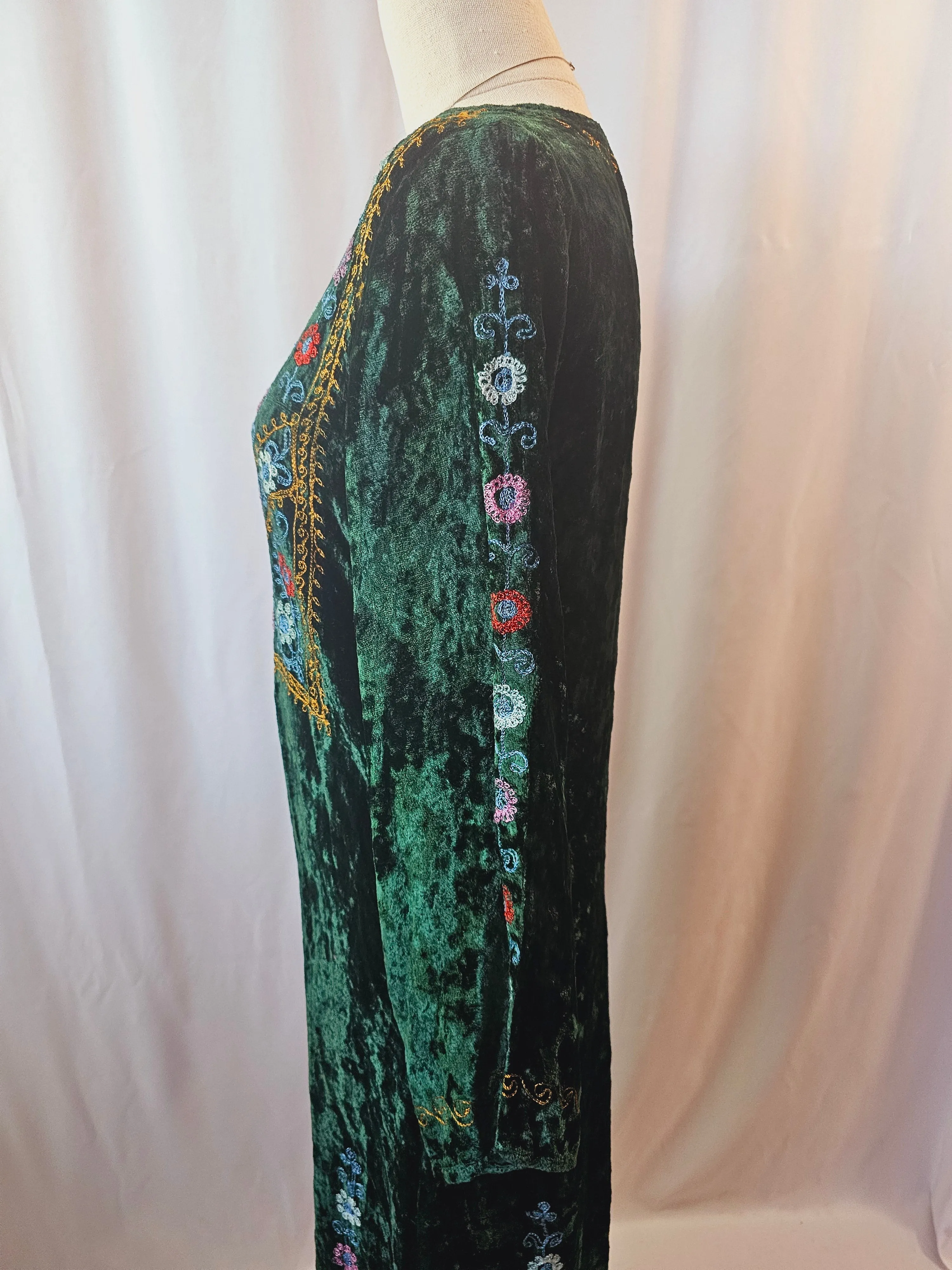 Vintage 70s Crushed Velvet Embroidered Maxi Dress Kaftan Boho 8/10