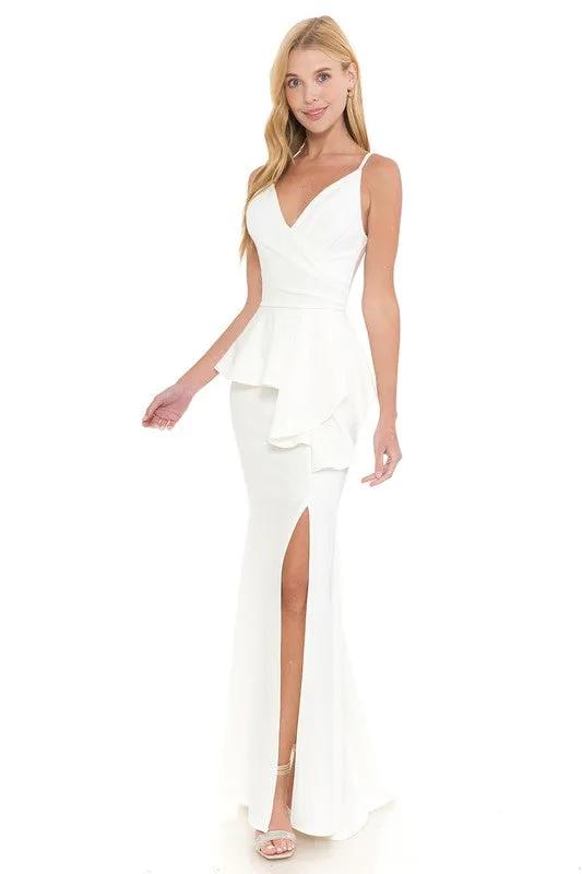 White Wrap Top Strap Peplum Waist Thigh Slit Long Dress