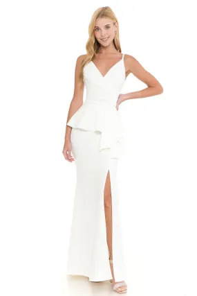 White Wrap Top Strap Peplum Waist Thigh Slit Long Dress