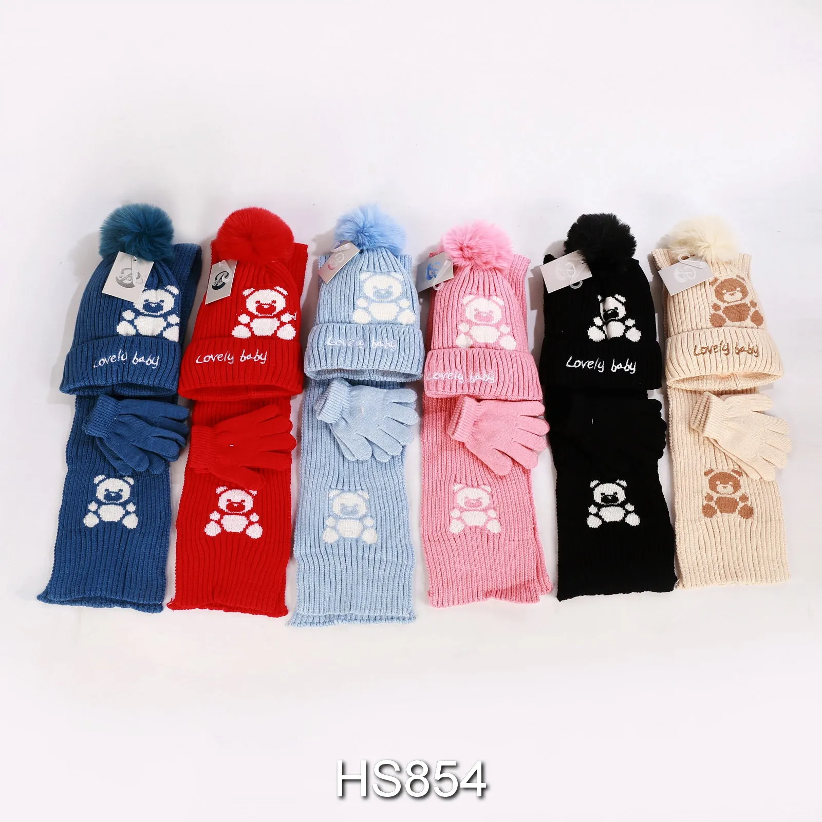 Wholesale Kids Boys Girls 3 Pieces Set Bear Lovely Baby Winter Knit Hats Beanie Scarf Gloves With Pom HS854