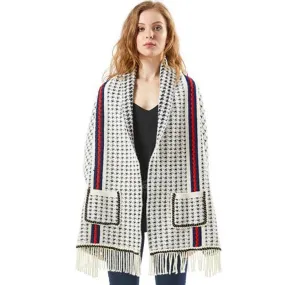 Winter Houndstooth Design Ladies Cotton Crochet Knit Poncho Shawl With Tassel