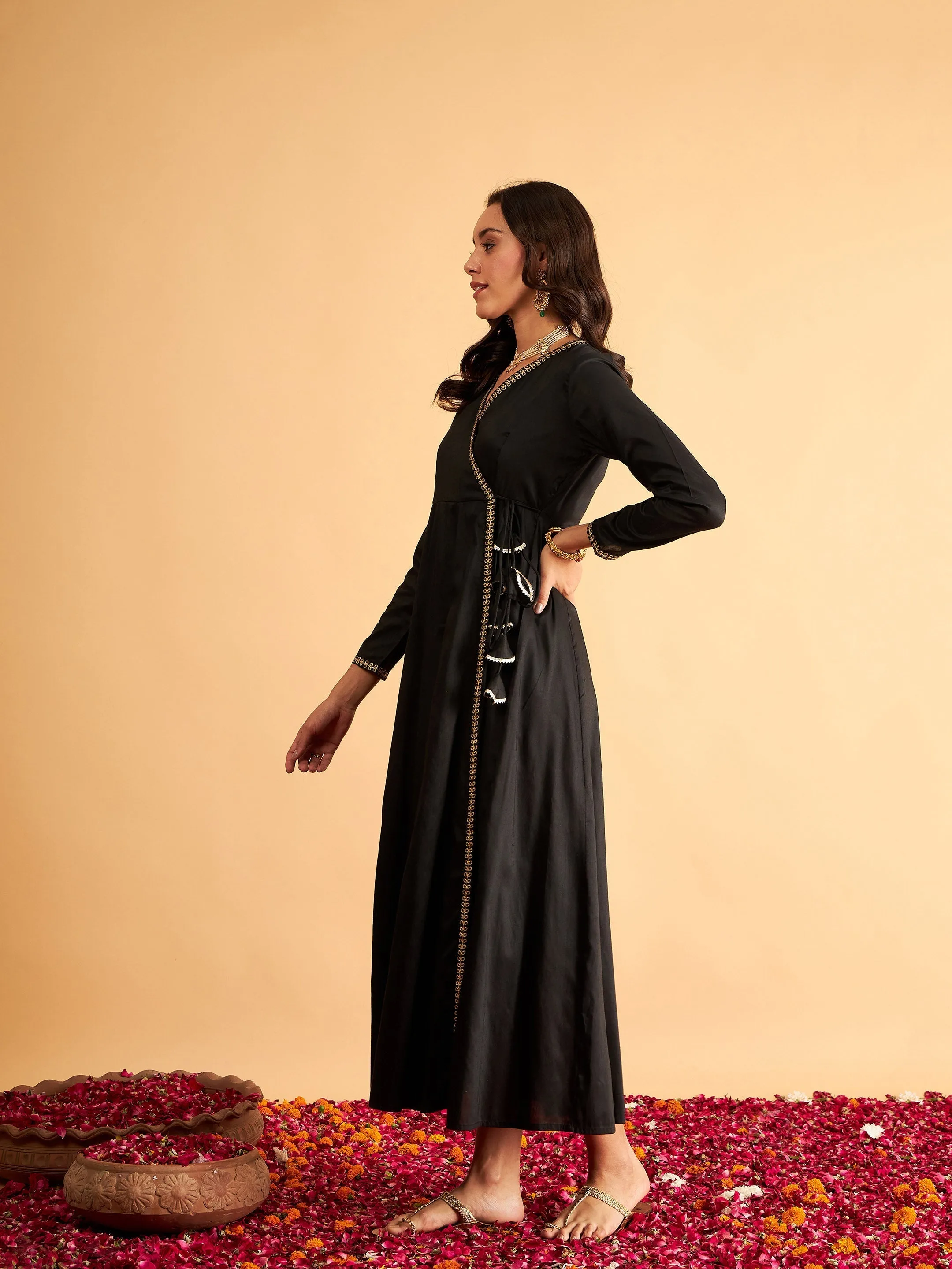 Women Black Angrakha Anarkali Dress With Slip