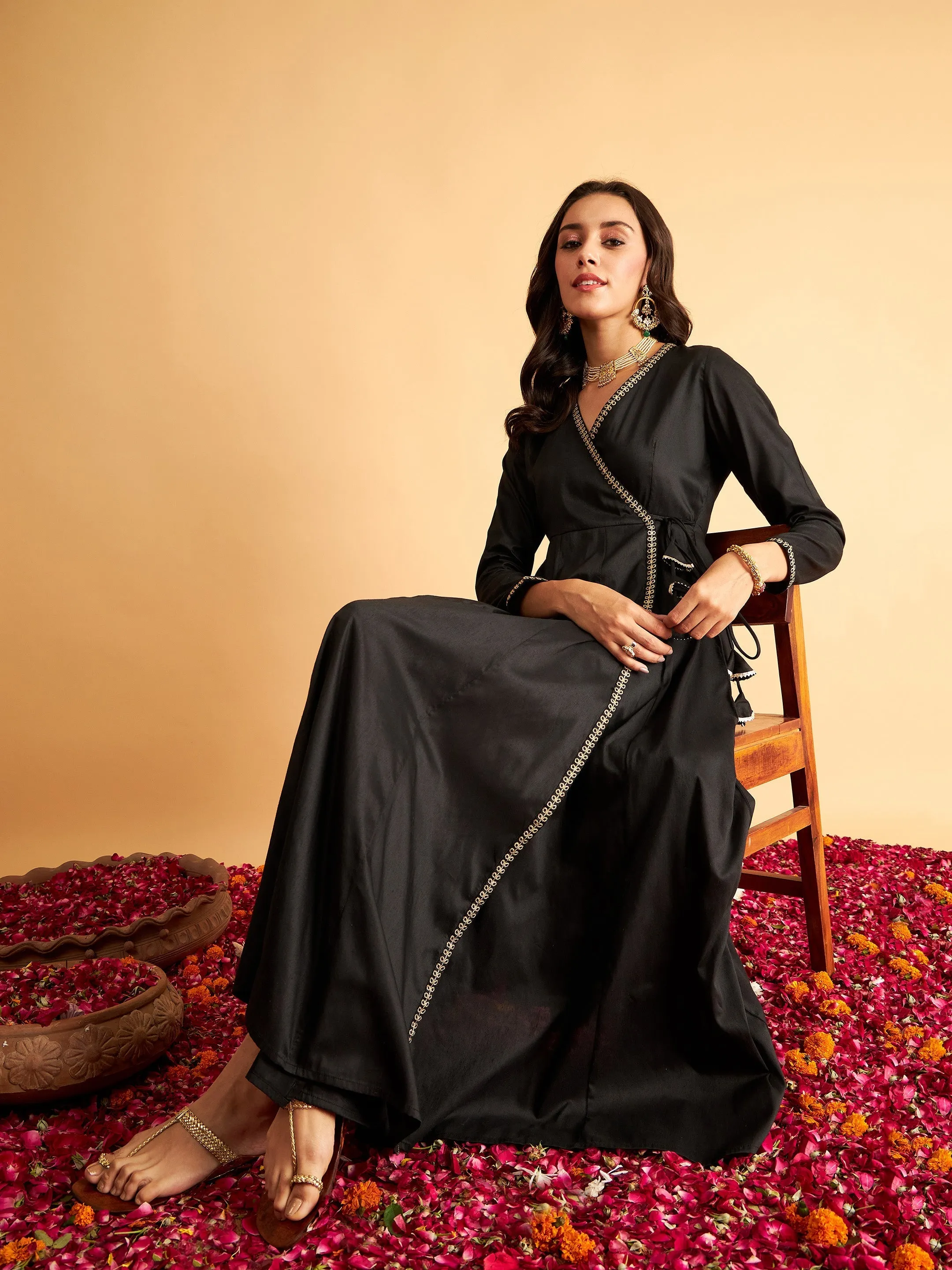 Women Black Angrakha Anarkali Dress With Slip